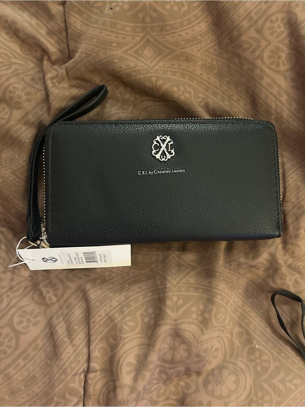 Christian Lacroix Black Pebbled Zip Wallet with Silver Logo